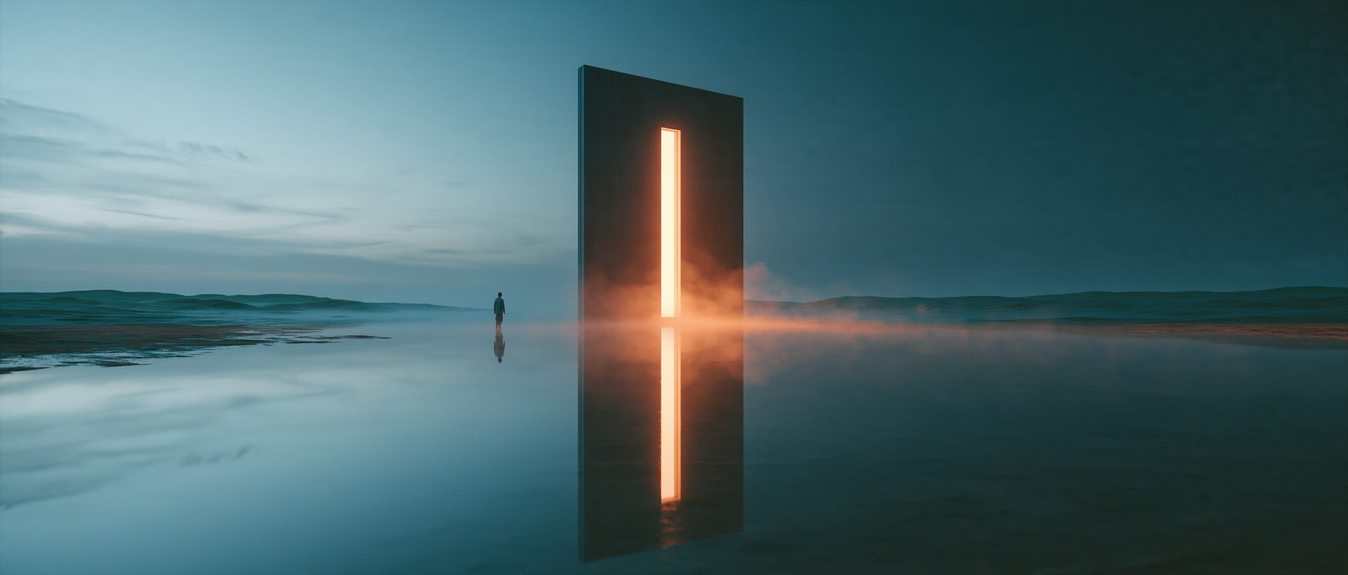 A tall dark monolith standing in still water at twilight, a vertical slit of warm light glowing through it.